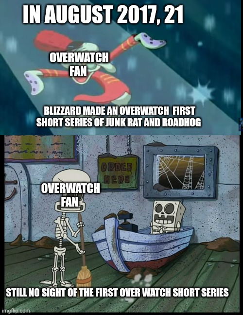 Waiting for junkrat the plan the animation short  series | IN AUGUST 2017, 21; OVERWATCH FAN; BLIZZARD MADE AN OVERWATCH  FIRST SHORT SERIES OF JUNK RAT AND ROADHOG; OVERWATCH FAN; STILL NO SIGHT OF THE FIRST OVER WATCH SHORT SERIES | image tagged in overwatch memes | made w/ Imgflip meme maker