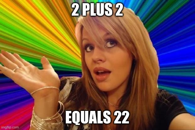 dumb woman | 2 PLUS 2; EQUALS 22 | image tagged in stupid girl meme | made w/ Imgflip meme maker