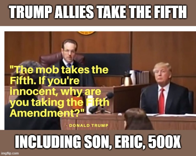 Trump's subpoenaed allies all invoke the Fifth against self incrimination | TRUMP ALLIES TAKE THE FIFTH; INCLUDING SON, ERIC, 500X | image tagged in trump,election 2020,the big lie,insurrection,gop corruption,gop criminals | made w/ Imgflip meme maker