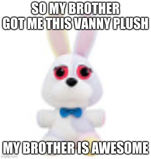 Vanny plush | SO MY BROTHER GOT ME THIS VANNY PLUSH; MY BROTHER IS AWESOME | image tagged in mrc090,fnaf,little brother,vanny | made w/ Imgflip meme maker