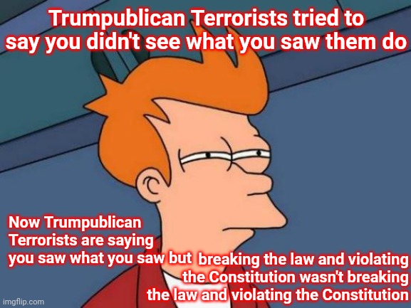 Nothing Trumpublican Terrorists Say Is True | Trumpublican Terrorists tried to say you didn't see what you saw them do; Now Trumpublican Terrorists are saying you saw what you saw but; breaking the law and violating the Constitution wasn't breaking the law and violating the Constitution | image tagged in memes,futurama fry,liars,gaslighting skills,scumbag republicans,lock him up | made w/ Imgflip meme maker