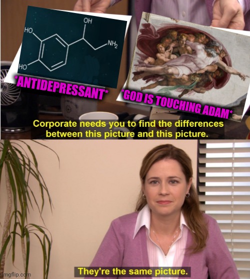 -Chemical of divine soul. | *ANTIDEPRESSANT*; *GOD IS TOUCHING ADAM* | image tagged in memes,they're the same picture,meds,prescription,when god made me,adam | made w/ Imgflip meme maker