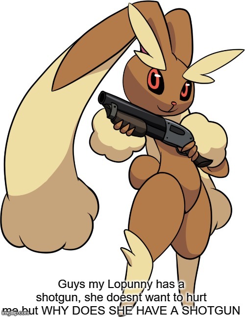 She thinks im in danger, but why the shotgun? | Guys my Lopunny has a shotgun, she doesnt want to hurt me but WHY DOES SHE HAVE A SHOTGUN | image tagged in lopunny | made w/ Imgflip meme maker