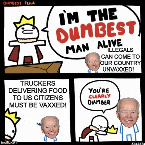 Let's Go Brandon/FJB - The dumbest man alive!!! | ILLEGALS CAN COME TO OUR COUNTRY UNVAXXED! TRUCKERS DELIVERING FOOD TO US CITIZENS MUST BE VAXXED! | image tagged in i'm the dumbest man alive,idiot,moron,stupid liberals,biden,illegal aliens | made w/ Imgflip meme maker
