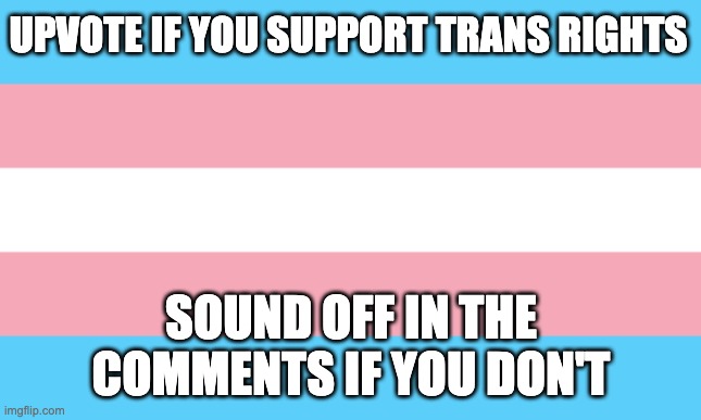Trans Flag |  UPVOTE IF YOU SUPPORT TRANS RIGHTS; SOUND OFF IN THE COMMENTS IF YOU DON'T | image tagged in trans flag,trans rights,lgbtq,gay pride | made w/ Imgflip meme maker