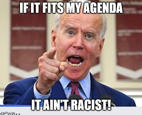 Joe Biden no malarkey | IF IT FITS MY AGENDA IT AIN'T RACIST! | image tagged in joe biden no malarkey | made w/ Imgflip meme maker