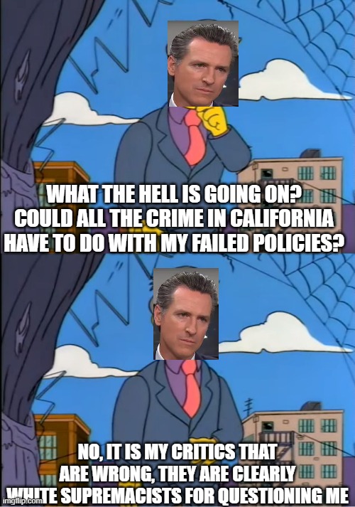 Newsom Crime | WHAT THE HELL IS GOING ON? COULD ALL THE CRIME IN CALIFORNIA HAVE TO DO WITH MY FAILED POLICIES? NO, IT IS MY CRITICS THAT ARE WRONG, THEY ARE CLEARLY WHITE SUPREMACISTS FOR QUESTIONING ME | image tagged in skinner out of touch,gavin newsom,california,crime,politicians suck | made w/ Imgflip meme maker