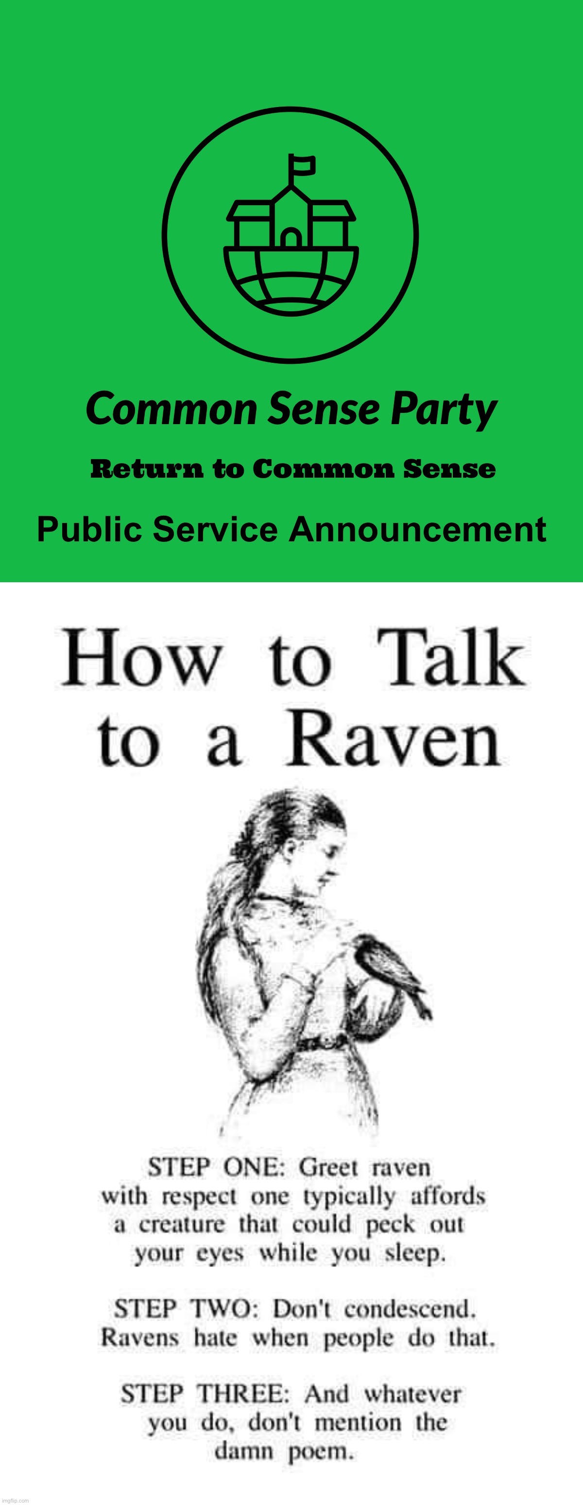 This will help you maintain etiquette in most raven-related situations. | image tagged in csp public service announcement,how to talk to a raven,how,to,maintain,etiquette | made w/ Imgflip meme maker