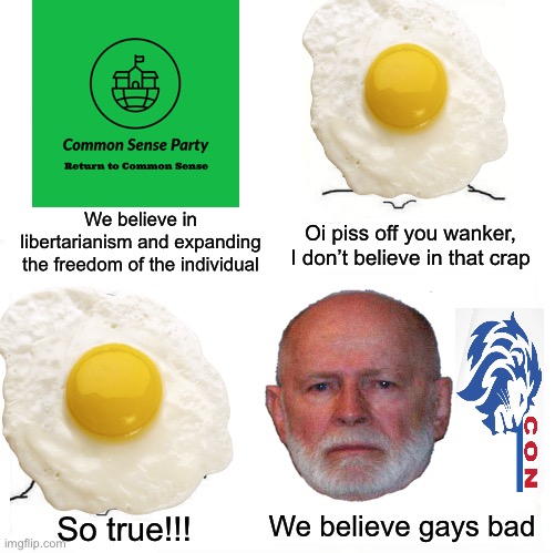 The average Conservative Party member be like | We believe in libertarianism and expanding the freedom of the individual; Oi piss off you wanker, I don’t believe in that crap; We believe gays bad; So true!!! | made w/ Imgflip meme maker