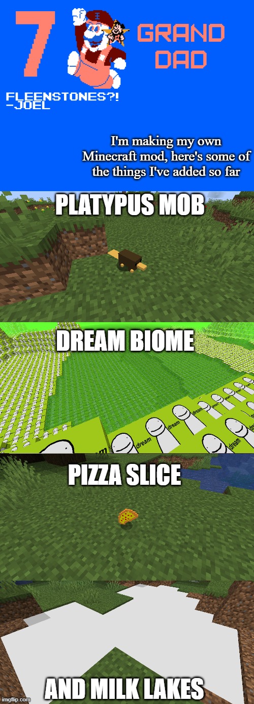 You can request some more stuff to add too :) | I'm making my own Minecraft mod, here's some of the things I've added so far; PLATYPUS MOB; DREAM BIOME; PIZZA SLICE; AND MILK LAKES | image tagged in 7_grand_dad template,minecraft | made w/ Imgflip meme maker