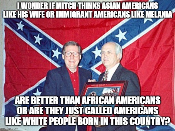 Mitch McConnell | I WONDER IF MITCH THINKS ASIAN AMERICANS LIKE HIS WIFE OR IMMIGRANT AMERICANS LIKE MELANIA; ARE BETTER THAN AFRICAN AMERICANS OR ARE THEY JUST CALLED AMERICANS LIKE WHITE PEOPLE BORN IN THIS COUNTRY? | image tagged in mitch mcconnell | made w/ Imgflip meme maker