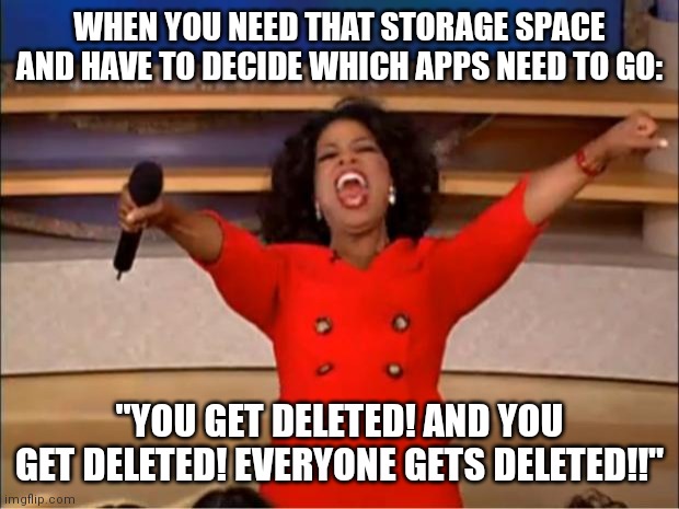 Relatable memes |  WHEN YOU NEED THAT STORAGE SPACE AND HAVE TO DECIDE WHICH APPS NEED TO GO:; "YOU GET DELETED! AND YOU GET DELETED! EVERYONE GETS DELETED!!" | image tagged in memes,oprah you get a | made w/ Imgflip meme maker