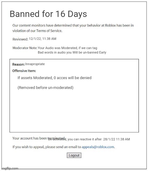 Roblox Banned ME FOR 1 DAY 