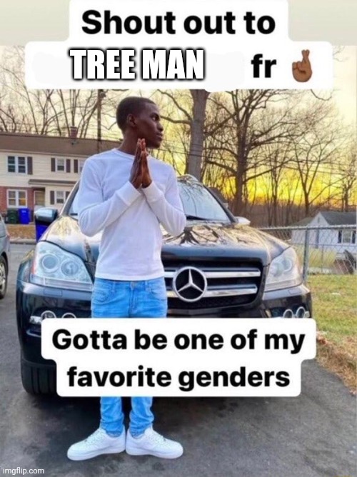 Shout out to.... Gotta be one of my favorite genders | TREE MAN | image tagged in shout out to gotta be one of my favorite genders | made w/ Imgflip meme maker