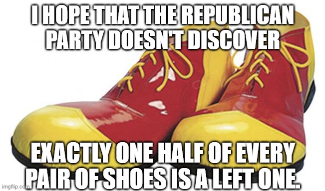 Clown Shoes | I HOPE THAT THE REPUBLICAN PARTY DOESN'T DISCOVER; EXACTLY ONE HALF OF EVERY PAIR OF SHOES IS A LEFT ONE. | image tagged in clown shoes | made w/ Imgflip meme maker