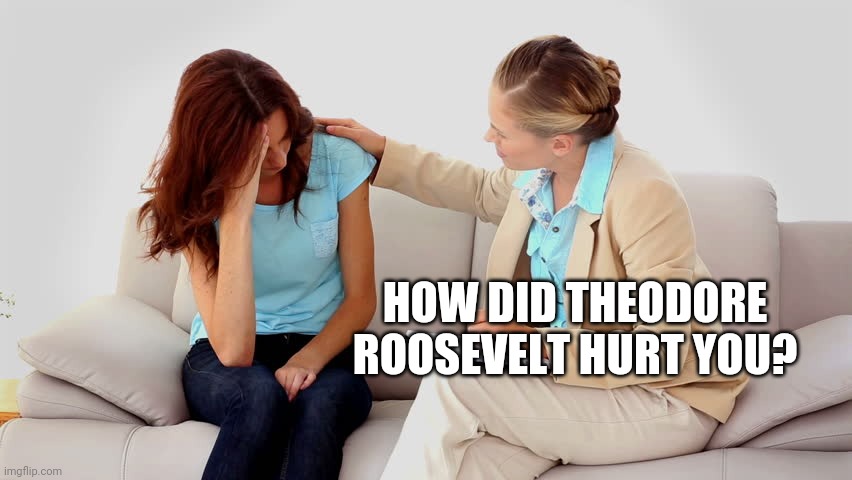 What a clown show. | HOW DID THEODORE ROOSEVELT HURT YOU? | image tagged in therapist | made w/ Imgflip meme maker
