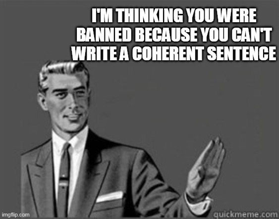 Grammar Guy | I'M THINKING YOU WERE BANNED BECAUSE YOU CAN'T WRITE A COHERENT SENTENCE | image tagged in grammar guy | made w/ Imgflip meme maker