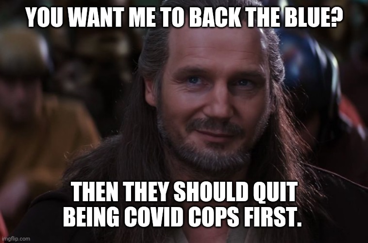 Crime is at an all time high so cops should focus on that and not the unvaxxed. | YOU WANT ME TO BACK THE BLUE? THEN THEY SHOULD QUIT BEING COVID COPS FIRST. | image tagged in qui-gon jinn smirk | made w/ Imgflip meme maker