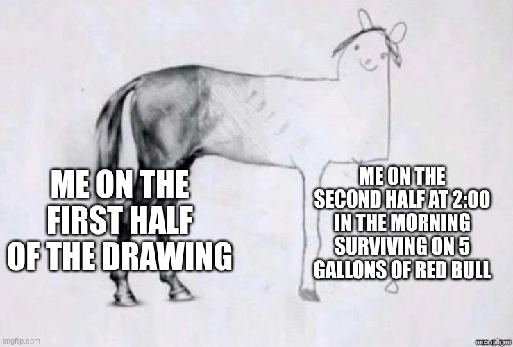 Horse Drawing | ME ON THE SECOND HALF AT 2:00 IN THE MORNING SURVIVING ON 5 GALLONS OF RED BULL; ME ON THE FIRST HALF OF THE DRAWING | image tagged in horse drawing | made w/ Imgflip meme maker