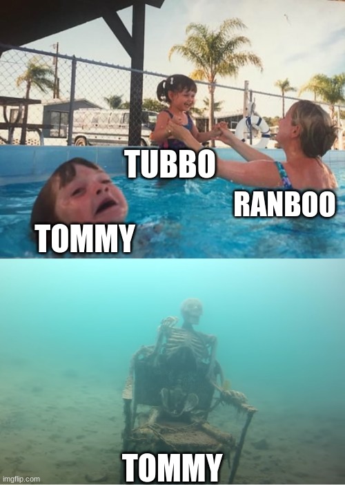 me | TUBBO; RANBOO; TOMMY; TOMMY | image tagged in swimming pool kids,bench trio,dreamsmp | made w/ Imgflip meme maker