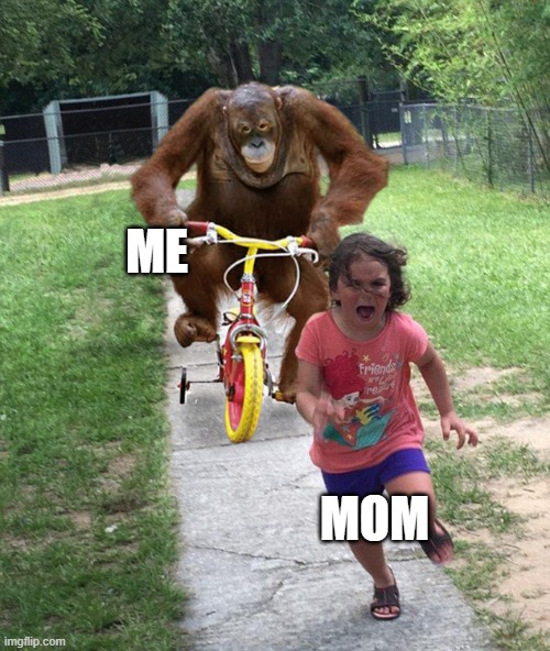 Orangutan chasing girl on a tricycle | ME MOM | image tagged in orangutan chasing girl on a tricycle | made w/ Imgflip meme maker