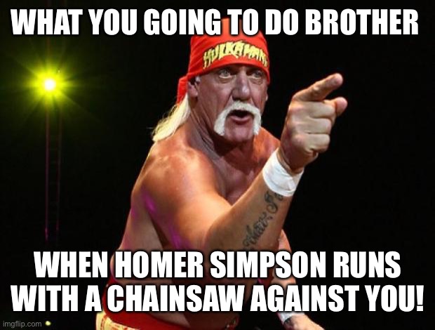 Hulk Hogan | WHAT YOU GOING TO DO BROTHER; WHEN HOMER SIMPSON RUNS WITH A CHAINSAW AGAINST YOU! | image tagged in hulk hogan | made w/ Imgflip meme maker