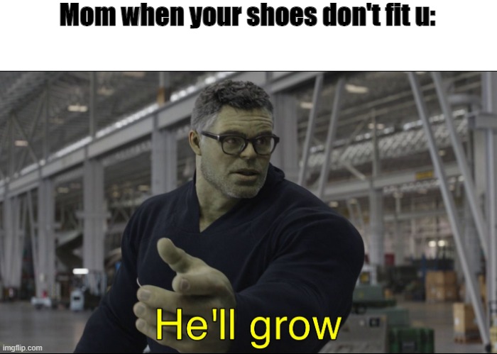 GROWING TIME BOISSSSSSS | Mom when your shoes don't fit u: | image tagged in he'll grow | made w/ Imgflip meme maker