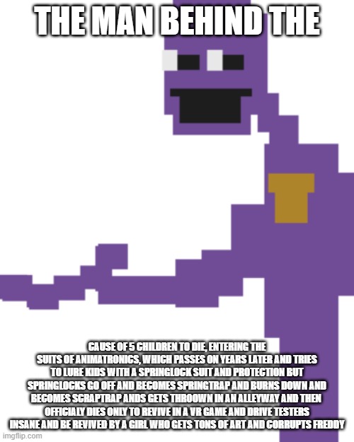 The Man Behind the Slaughter | THE MAN BEHIND THE; CAUSE OF 5 CHILDREN TO DIE, ENTERING THE SUITS OF ANIMATRONICS, WHICH PASSES ON YEARS LATER AND TRIES TO LURE KIDS WITH A SPRINGLOCK SUIT AND PROTECTION BUT SPRINGLOCKS GO OFF AND BECOMES SPRINGTRAP AND BURNS DOWN AND BECOMES SCRAPTRAP ANDS GETS THROOWN IN AN ALLEYWAY AND THEN  OFFICIALY DIES ONLY TO REVIVE IN A VR GAME AND DRIVE TESTERS INSANE AND BE REVIVED BY A GIRL WHO GETS TONS OF ART AND CORRUPTS FREDDY | image tagged in the man behind the slaughter | made w/ Imgflip meme maker