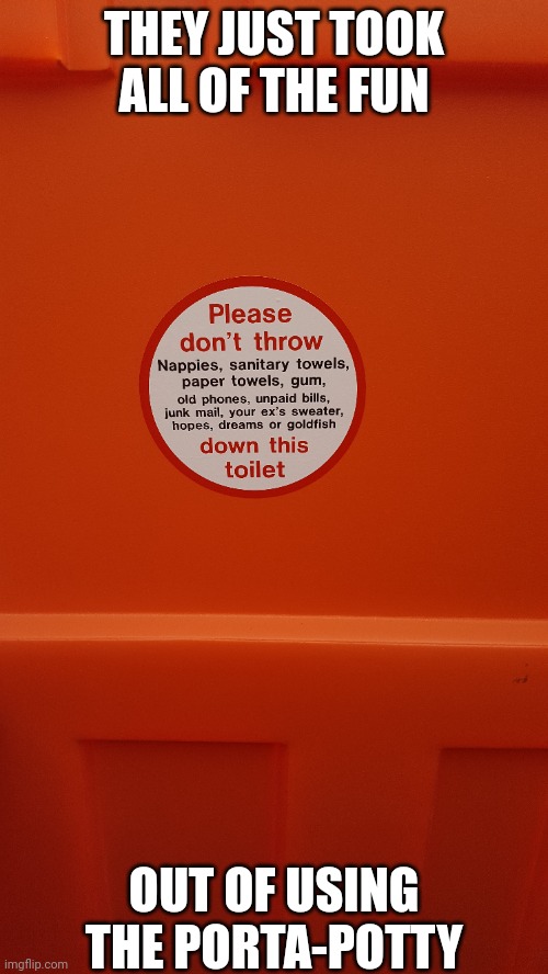 Porta-potty | THEY JUST TOOK ALL OF THE FUN; OUT OF USING THE PORTA-POTTY | image tagged in bathroom | made w/ Imgflip meme maker
