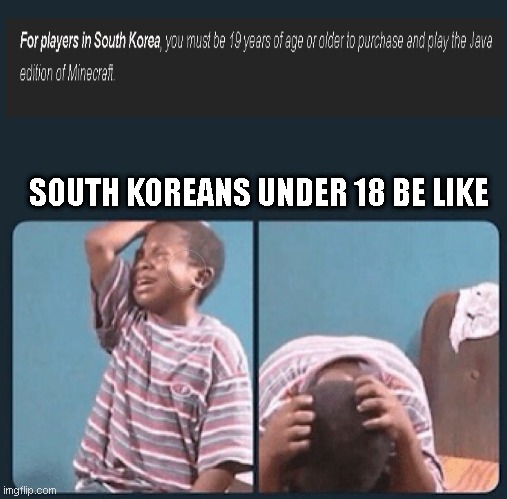 Legit this is real, go check the website | SOUTH KOREANS UNDER 18 BE LIKE | image tagged in black kid crying with knife,memes,funny,fun,why,minecraft | made w/ Imgflip meme maker