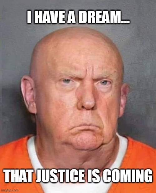 Trump Mugshot | I HAVE A DREAM... THAT JUSTICE IS COMING | image tagged in trump mugshot,trump,mugshot,trump for prison | made w/ Imgflip meme maker