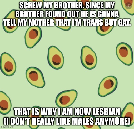 avocado backgrond | SCREW MY BROTHER. SINCE MY BROTHER FOUND OUT HE IS GONNA TELL MY MOTHER THAT I'M TRANS BUT GAY. THAT IS WHY I AM NOW LESBIAN (I DON'T REALLY LIKE MALES ANYMORE) | image tagged in avocado backgrond,lesbian problems,gay | made w/ Imgflip meme maker