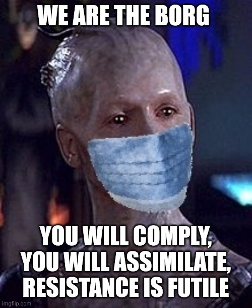The Masked Borg | WE ARE THE BORG; YOU WILL COMPLY, YOU WILL ASSIMILATE, RESISTANCE IS FUTILE | image tagged in the borg,hive,sheep,sheeple | made w/ Imgflip meme maker