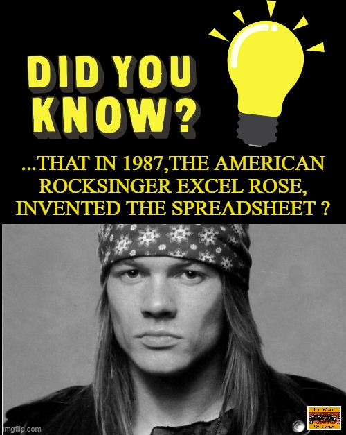 "Metal for life" on Fb |  ...THAT IN 1987,THE AMERICAN
ROCKSINGER EXCEL ROSE,
INVENTED THE SPREADSHEET ? | image tagged in funny,meme,axl rose,heavy metal,did you know,hard rock | made w/ Imgflip meme maker