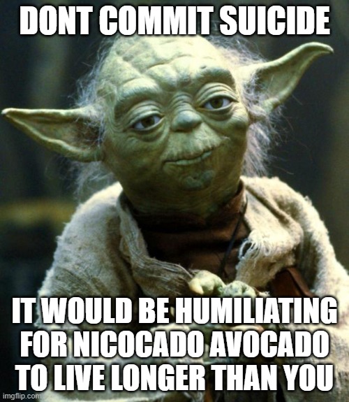 Star Wars Yoda Meme | DONT COMMIT SUICIDE; IT WOULD BE HUMILIATING FOR NICOCADO AVOCADO TO LIVE LONGER THAN YOU | image tagged in memes,star wars yoda | made w/ Imgflip meme maker
