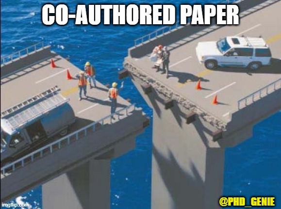co-authored paper | CO-AUTHORED PAPER; @PHD_GENIE | image tagged in engineering bridge fail | made w/ Imgflip meme maker