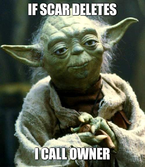 It's dibs clause | IF SCAR DELETES; I CALL OWNER | image tagged in memes,star wars yoda | made w/ Imgflip meme maker