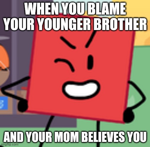 Another blocky meme | WHEN YOU BLAME YOUR YOUNGER BROTHER; AND YOUR MOM BELIEVES YOU | image tagged in bfdi,bfb | made w/ Imgflip meme maker