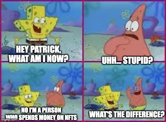 hey patrick what am i | UHH... STUPID? HEY PATRICK, WHAT AM I NOW? NO I'M A PERSON WHO SPENDS MONEY ON NFTS; WHAT'S THE DIFFERENCE? | image tagged in hey patrick what am i | made w/ Imgflip meme maker