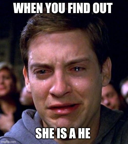 crying peter parker | WHEN YOU FIND OUT; SHE IS A HE | image tagged in crying peter parker | made w/ Imgflip meme maker