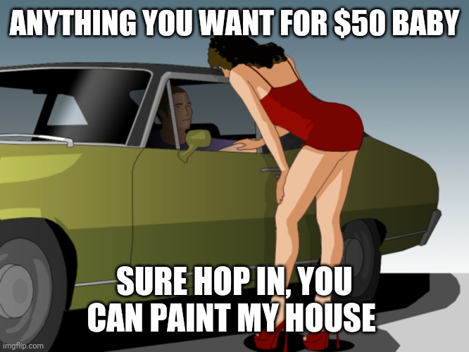 50 dollar anything you want | ANYTHING YOU WANT FOR $50 BABY; SURE HOP IN, YOU CAN PAINT MY HOUSE | image tagged in 50 dollar anything you want | made w/ Imgflip meme maker