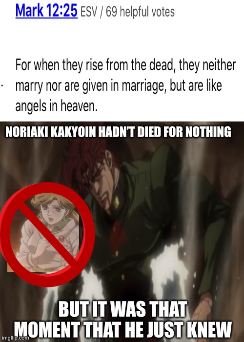 Conquered my fears, have I? Why, thank you | NORIAKI KAKYOIN HADN’T DIED FOR NOTHING; BUT IT WAS THAT MOMENT THAT HE JUST KNEW | image tagged in biblechristianmemes,animememes,jojosbizareeadventurereference,stardustcrusadersnoriakikakyoin,hollykujoandkakyoindarkhumor | made w/ Imgflip meme maker