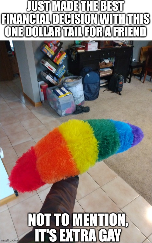 JUST MADE THE BEST FINANCIAL DECISION WITH THIS ONE DOLLAR TAIL FOR A FRIEND; NOT TO MENTION, IT'S EXTRA GAY | made w/ Imgflip meme maker