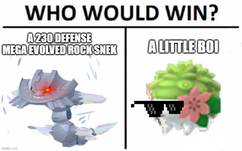 Oh god shaymin u swag! | A 230 DEFENSE MEGA EVOLVED ROCK SNEK; A LITTLE BOI | image tagged in memes,who would win | made w/ Imgflip meme maker