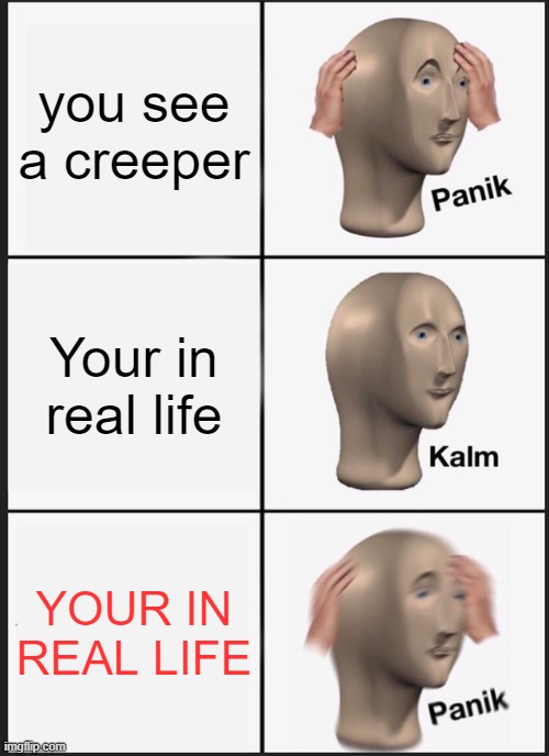 Panik Kalm Panik |  you see a creeper; Your in real life; YOUR IN REAL LIFE | image tagged in memes,panik kalm panik | made w/ Imgflip meme maker