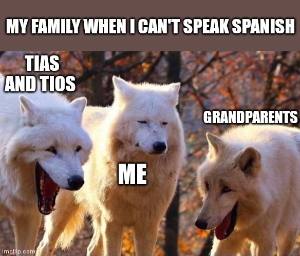 Laughing wolf | MY FAMILY WHEN I CAN'T SPEAK SPANISH; TIAS AND TIOS; GRANDPARENTS; ME | image tagged in laughing wolf,funny | made w/ Imgflip meme maker