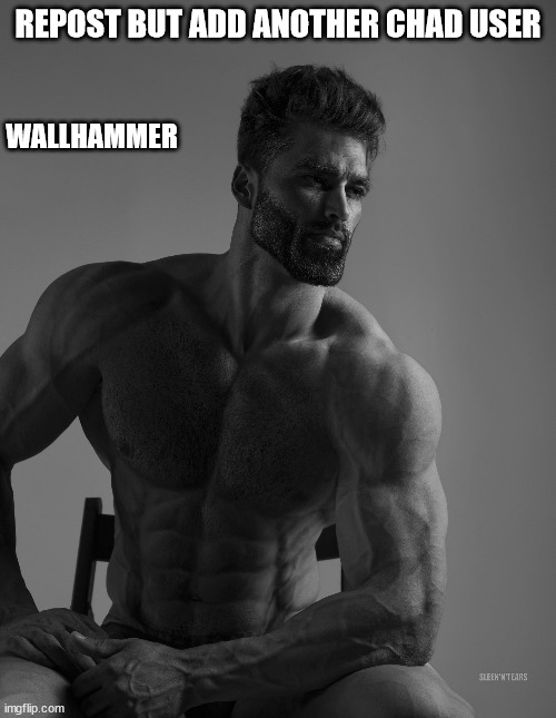 Giga Chad | REPOST BUT ADD ANOTHER CHAD USER; WALLHAMMER | image tagged in giga chad | made w/ Imgflip meme maker