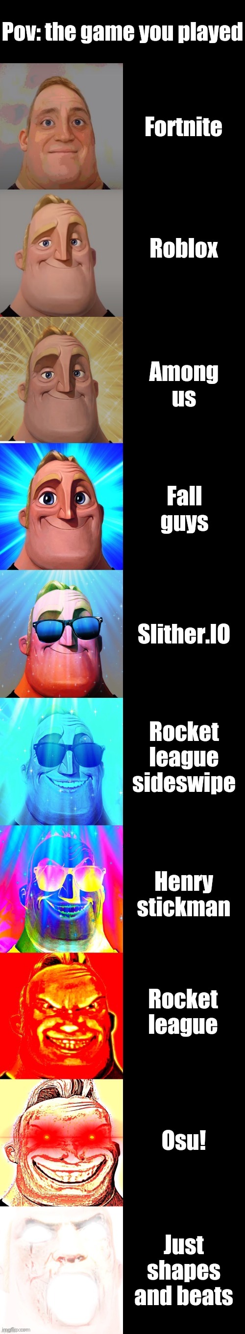 Pov: the game you play | Pov: the game you played; Fortnite; Roblox; Among us; Fall guys; Slither.IO; Rocket league sideswipe; Henry stickman; Rocket league; Osu! Just shapes and beats | image tagged in mr incredible becoming canny,memes | made w/ Imgflip meme maker