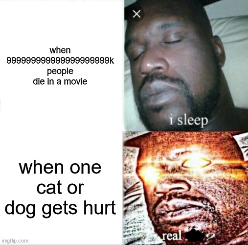 yes | when 999999999999999999999k people die in a movie; when one cat or dog gets hurt | image tagged in memes,sleeping shaq | made w/ Imgflip meme maker