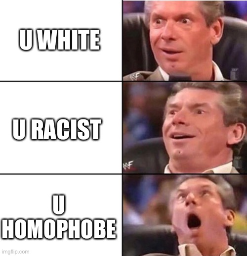 My face when the left gets nasty | U WHITE; U RACIST; U HOMOPHOBE | image tagged in vince mcmahon | made w/ Imgflip meme maker